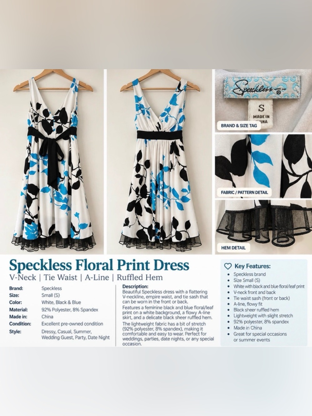 Speckless White Floral V-Neck A-Line Dress with Black & Blue Print